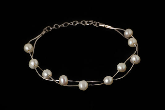 Bracelet Pearl with Double Chain 4-5mm - Bambu Silver Jewellry