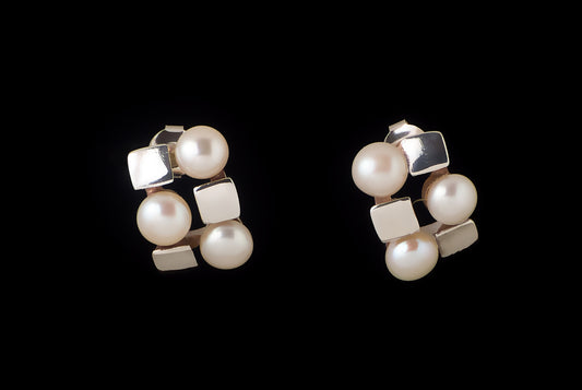 Earring Pearl Stud 3 Pearls 3 Square Set - Bambu Silver Jewellry