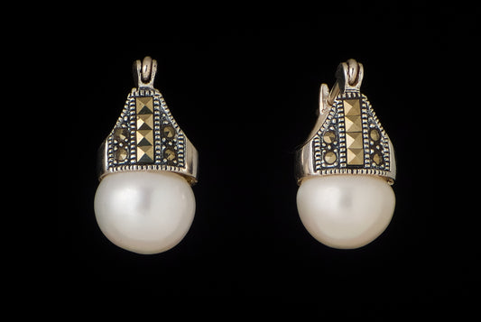 Earring Pearl With Marcasite Big 12mm
