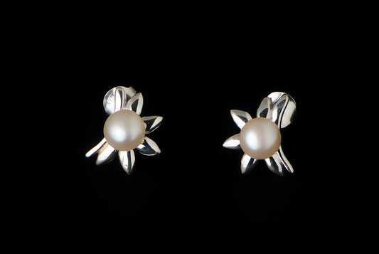 Earring Pearl Stud Half Flower Stud 13 X 6mm - Bambu Silver Jewellry