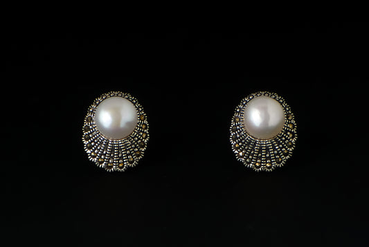 Earring Pearl Stud with Marcasite 17 x 12mm