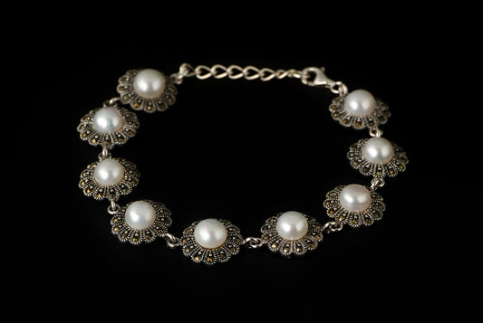 Bracelet Pearl Set Flower Marcasite - Bambu Silver Jewellry