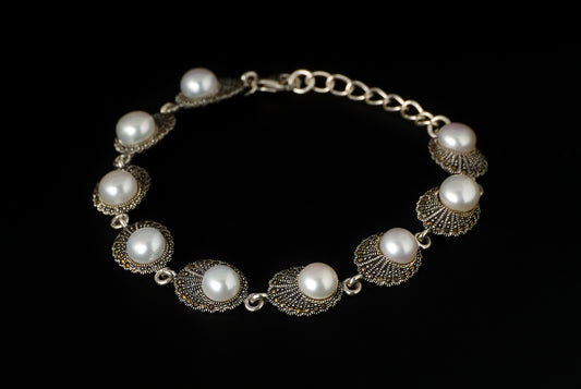 Bracelet Pearl Set Oval Marcasite - Bambu Silver Jewellry