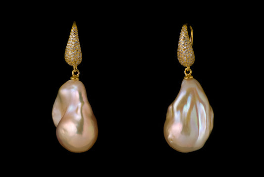 Earring Pearl Baroque Zircon Hook / Gold 2.5 x 1.3-1.7cm