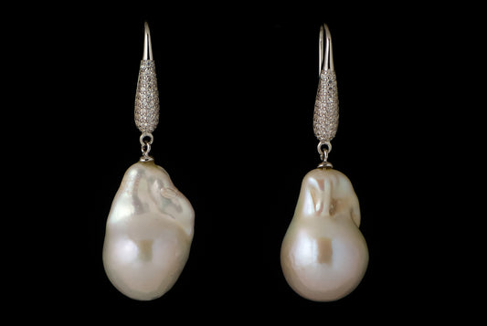 Earring Pearl Baroque Zircon No Hole with Long Hook 27 x 16-17mm
