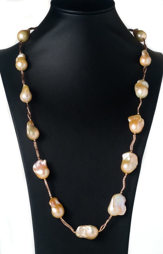 Necklace Pearl Baroque Golden With Double Beads Gold 80cm