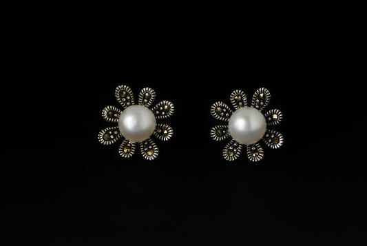 Earring Pearl Stud Flower Marcasite Set 12 x 6mm